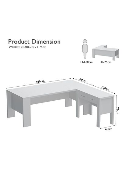 Mahmayi Moderno A01 L-Shaped Workstation Executive Desk with 2 Drawers for Office-White