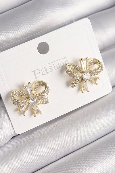 Clariss Brass Gold Color Zircon Stone Bow Model Women's Earrings