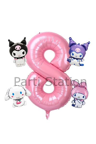 Parti Station Kuromi Mymelody Cinnamonroll - 8 Years Old Mini Pink Birthday Balloon Set