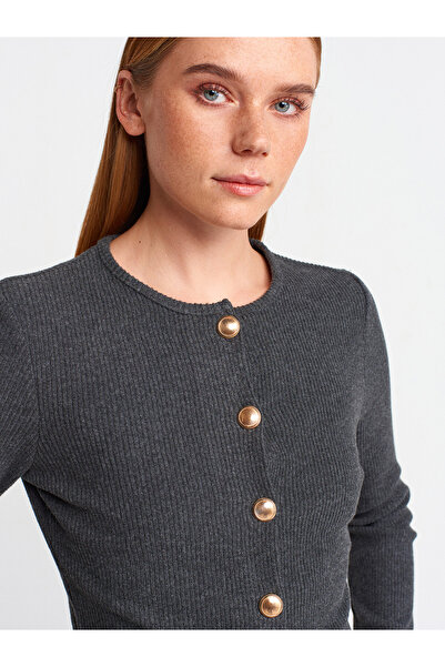 Dilvin 60424 Button Detailed Long Sleeve Cardigan-Anthracite
