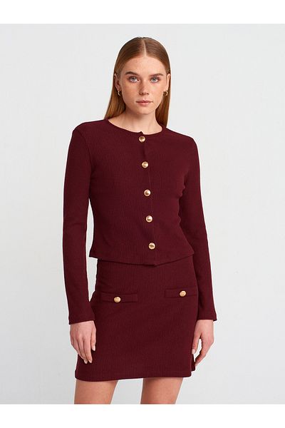 Dilvin 60424 Button Detailed Long Sleeve Cardigan-Claret Red