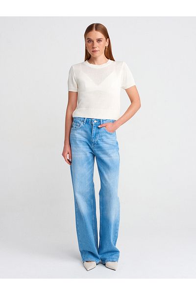 Dilvin 71775 Pantaloni drepți din denim, largi, groși, albaștri