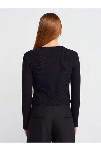 Dilvin 60424 Button Detailed Long Sleeve Cardigan-Black