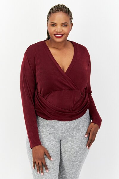 Nina Parker Women Plus Size Plunging Neck Long Sleeve Bodysuit, Maroon