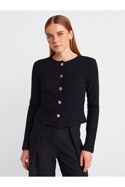 Dilvin 60424 Button Detailed Long Sleeve Cardigan-Black