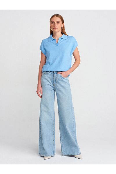 Dilvin 71776 Pantaloni din denim albastru cu tăietură largă, spălați cu zăpadă