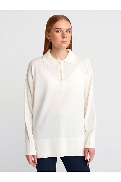 Dilvin 10715 Ecru Thin Knitwear Sweater with Polo Collar and Buttons