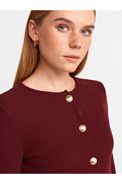 Dilvin 60424 Button Detailed Long Sleeve Cardigan-Claret Red