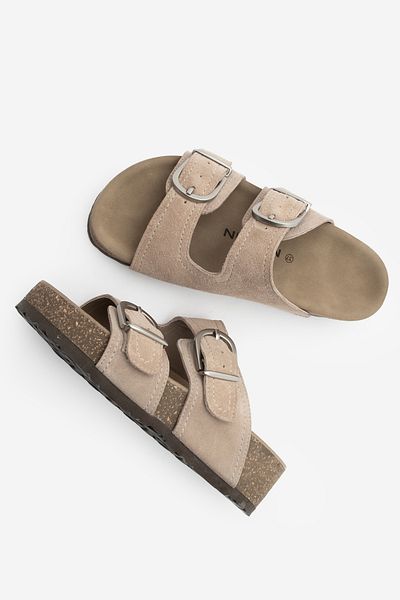 Marjin Papuci de damă din piele intoarsa bej - piele naturala, benzi duble si talpa din pluta Casual Zenpa