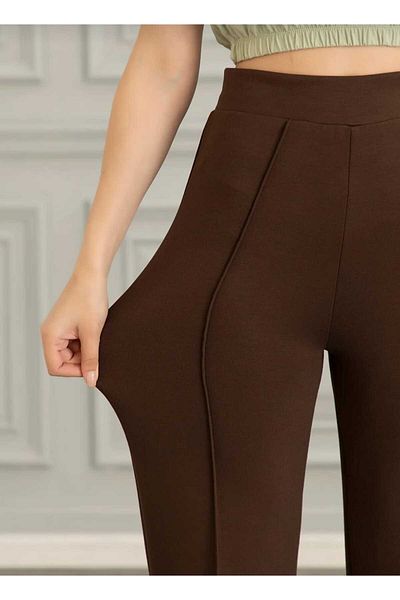 NEVEGE BUTİK Women's Knitted Fabric Lyclary Tight Collocative Palazzo Pants-Brown