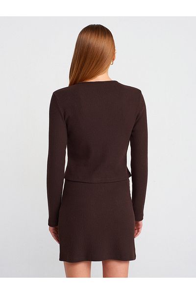 Dilvin 60424 Button Detailed Long Sleeve Cardigan-Brown