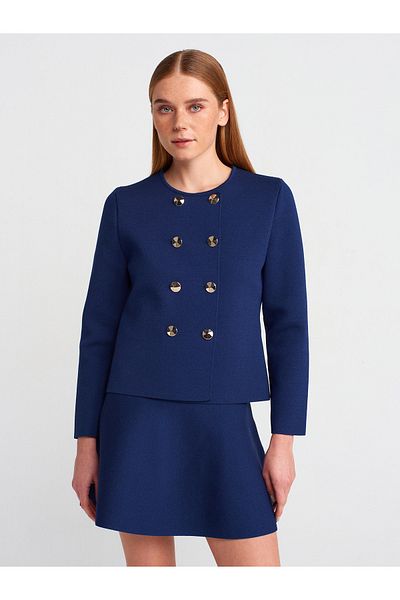 Dilvin 60957 Crew Neck Buttoned Knitwear Cardigan-Navy Blue
