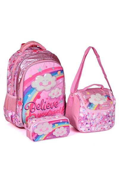 MUGGLE Mu-9067 Gökkuşağı Ve Bulut Desenli İlkokul Sırt Çantası Beslenme Çanta...