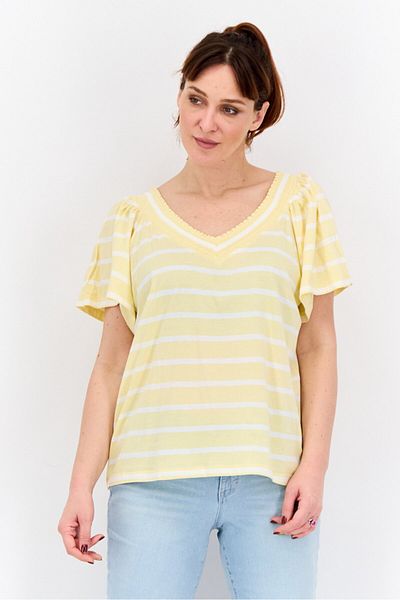 Nautica Women V-neck Short Sleeves Stripe Blouse, Yellow