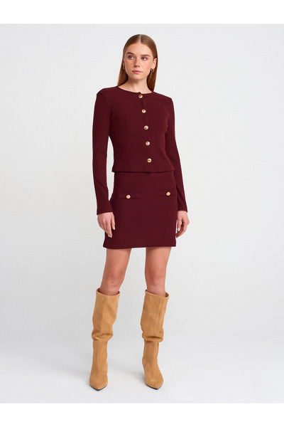 Dilvin 60424 Button Detailed Long Sleeve Cardigan-Claret Red