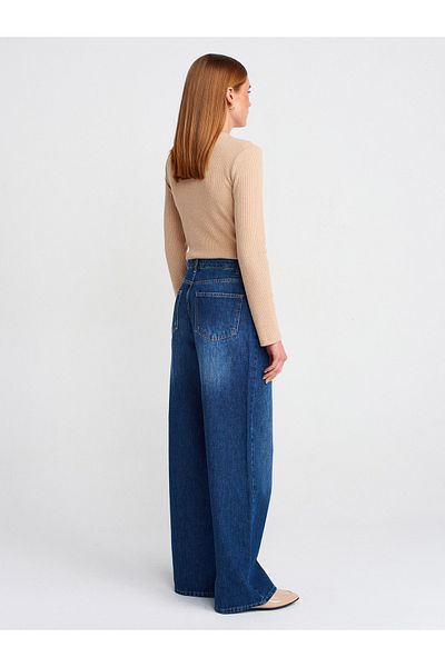 Dilvin 71784 Draped Fabric Wide Denim Trousers-Navy