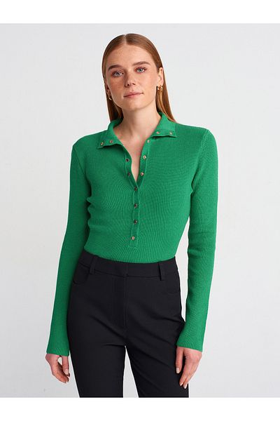 Dilvin 10686 Stand Collar Snap Fastener Sweater-Green