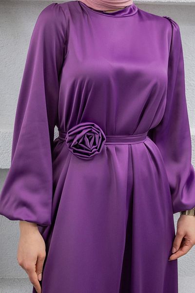 Tesettür Çarşım Rose Detail Satin Evening Dress with Belt-Lilac