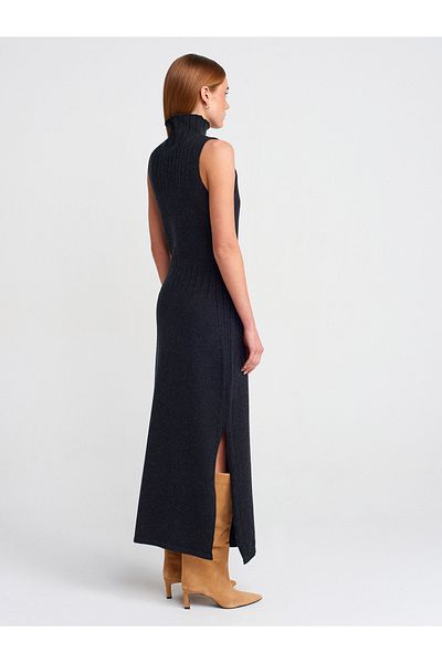 Dilvin 90243 Stand Collar Slit Knitwear Dress-Anthracite