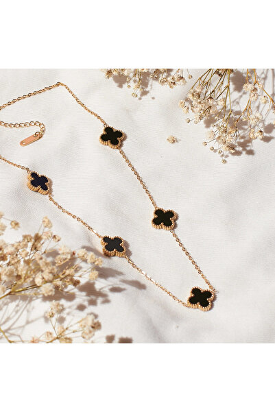 AURRARİ Siyah Taş Altın Kaplama Çelik Kolye