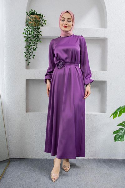 Tesettür Çarşım Rose Detail Satin Evening Dress with Belt-Lilac