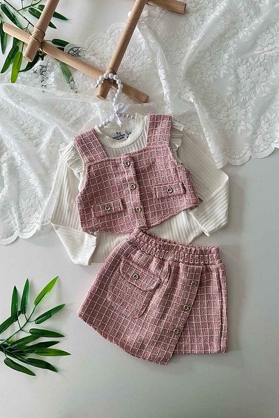 Minigimin Cicileri 3-Piece Shorts and Skirt Set with Tweed Pockets for Girls - Powder