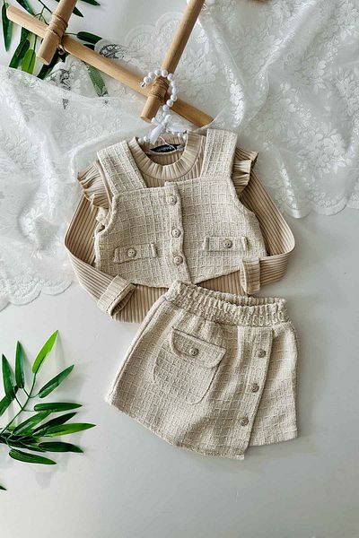 Minigimin Cicileri 3-Piece Suit with Tweed Pockets and Shorts Skirt for Girls - Mink