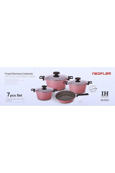 NEOFLAM Reverse,Cooking Set7pcs,INDUCTION,Forged Aluminum,Ecolon coating,Pots20,24,28cm+Fry24cm,Pink Marble