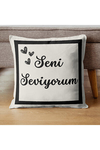 PerdeYap1980 كيس وسادة مزخرف من I Love You مقاس 43 × 43 سم - أسود كريمي