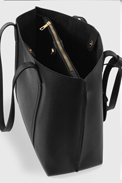 Housebags Kadın Üç Bölmeli Siyah Deri Görünümlü Shopper Çanta 269
