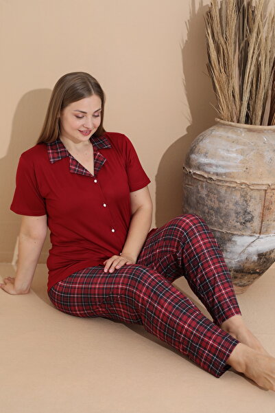 CALİA Women's Battal Milan Fabric Short Sleeve Shirt Collar Plus Size Pajamas Set