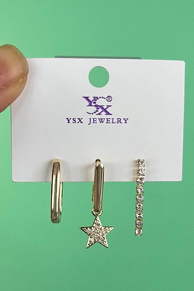 TAKIŞTIR مجموعة أقراط YSX مكونة من 3 قطع بتفاصيل حجرية على شكل نجمة ذهبية اللون