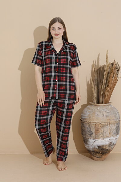 CALİA Women's Battal Milan Fabric Short Sleeve Shirt Collar Plus Size Pajamas Set