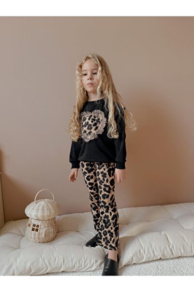 MUMİKİDS Devojčin komplet: Leopard srce majica / Zvonaste nogavice pantalone ...
