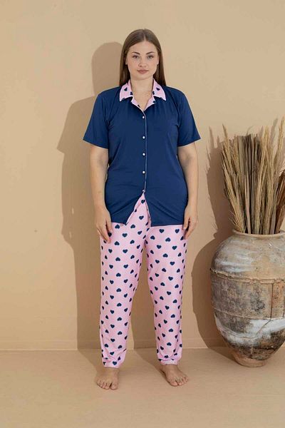 CALİA Women's Battal Milan Fabric Short Sleeve Shirt Collar Plus Size Pajamas Set