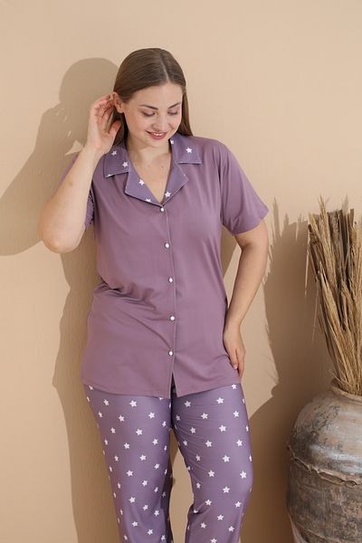 CALİA Women's Battal Milan Fabric Short Sleeve Shirt Collar Plus Size Pajamas Set
