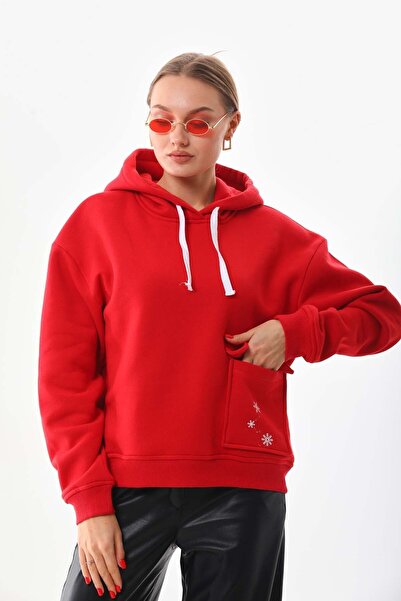 kallima Kırmızı Kışlık Kalın Kar Tanesi Baskılı Cepli Kapüşonlu سويت شيرت كبي...