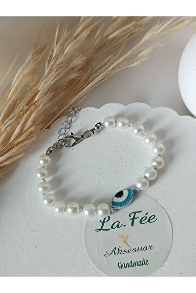 La fee aksesuar Single Evil Eye Bead & Pearl Bracelet Silvery Drawstring Knot...