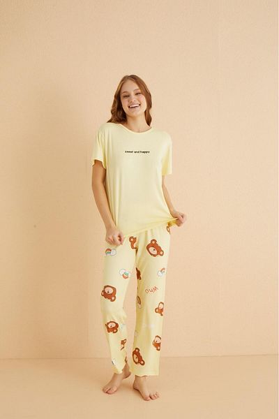 MEBA Women's Milan Soft Textured Short Sleeve Yellow Teddy Bear Combed Cotton Pajamas Set