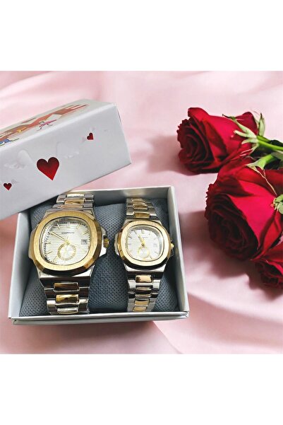 xesha Gold Gümüş İçi Beyaz Kadın Erkek Sevgililer Günü Çift Saati 2 Adet
