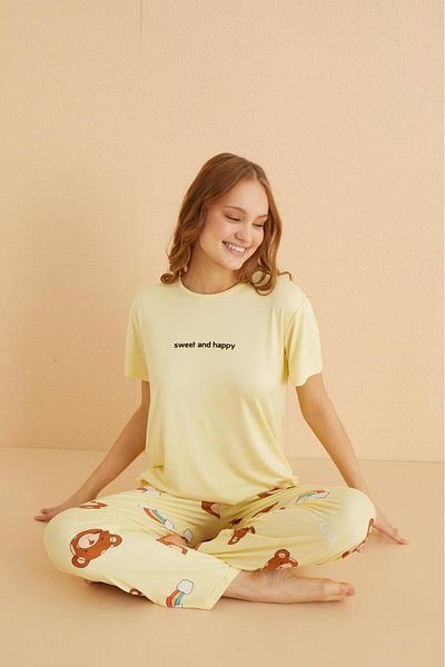 MEBA Women's Milan Soft Textured Short Sleeve Yellow Teddy Bear Combed Cotton Pajamas Set