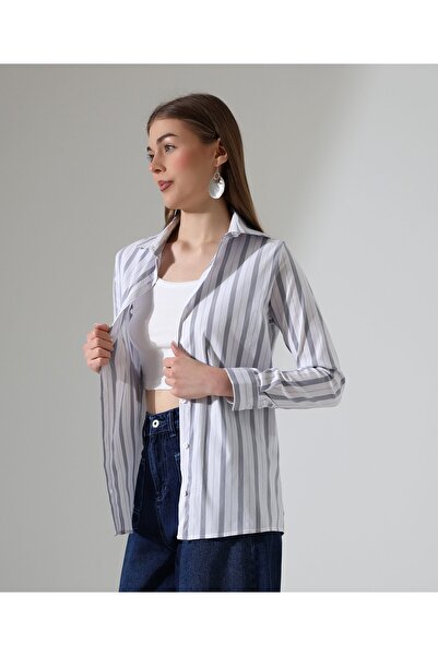 Moda Monisa Women's Stripe Shirt - White & Stripe Pattern, Woven Fabric, Comf...