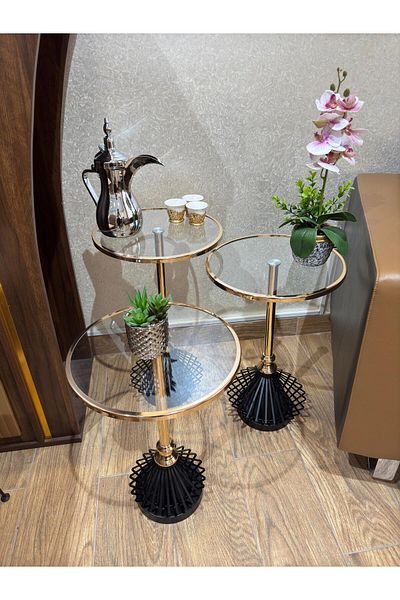 Living 3-piece glass service table set with gold/black steel bases