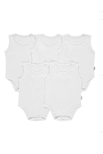Kujju 3-9 Months White Crew Neck Rib Basic Badi Set of 5 with Snaps