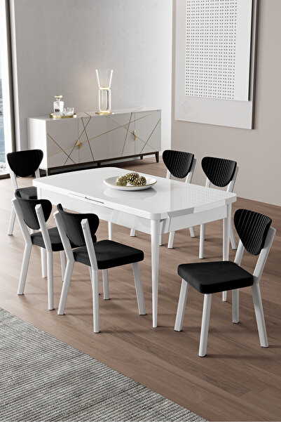 Canisa Exve Serisi 80x132 Açılabilir Beyaz Masa Takımı ve 6 Siyah Sandalye
