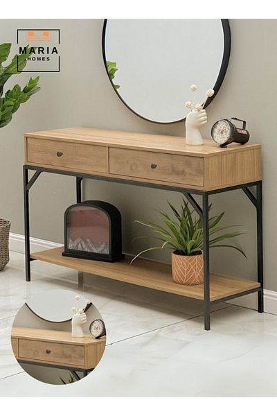 MARIA HOMES Modern Console Table with Wooden Finish and Black Metal Frame - 120x40x80 cm,