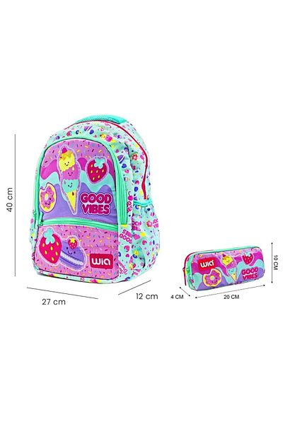 Wia Pink Girls Ice Cream Printed Double School Bag Set - Backpack and Pen Holder