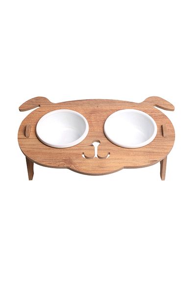RealWood Dog Water and Food Bowl Stand - Wooden Mdf - Inclined Dog Head Model - 2-Piece - White Ceramic Bowl - 2*400ml