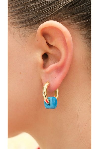Jerie Gold Blue Glass Bead Detail Curved Hoop Earrings