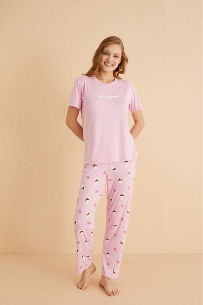 Elit Women's Milan Soft Textured Short Sleeve Pink Rabbit Combed Cotton Pajamas Set